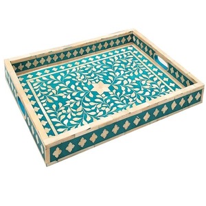 Plateau de service rectangulaire en bois avec incrustation d'os turquoise, plateau de rangement décoratif, plateau de présentation pour table basse, ottoman, petit-déjeuner, fruits - Product Image 6