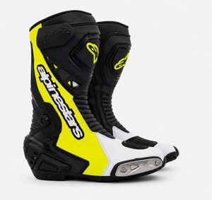 Bottes de moto pour homme, blanches et grises, mi-mollet, fermeture éclair, dessus en cuir véritable, doublure en peluche, semelle intermédiaire en EVA, semelle extérieure en caoutchouc, résistantes à l'abrasion - Product Image 1
