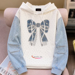 Custom Luxury Women's Vintage Denim Patchwork Sleeved Hoodies Oversized Cotton/Blend <b>Jacket</b> <b>Rhinestone</b> Pullover Double Hooded - Product Image 1