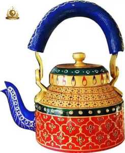 Théière en métal peinte à l'orange, motif floral indien multicolore (rouge, jaune, rose, vert), poignée artisanale, artisanat populaire indien - Product Image 3