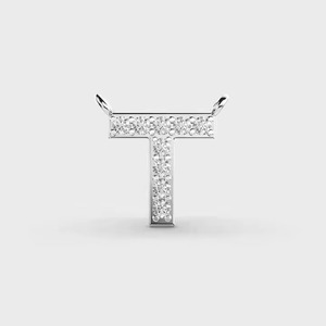 Rhodium Plated Letter T Pendant Necklace Cubic Zirconia Pave Setting Unisex Classic Everyday Wear - Product Image 1