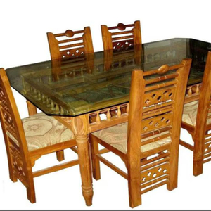 Luxury Handcrafted <b>Solid</b> <b>Wood</b> 6 Seater Dining <b>Table</b> Set Glass <b>Top</b> Ornate Traditional <b>solid</b> <b>wood</b> Finish - Product Image 1