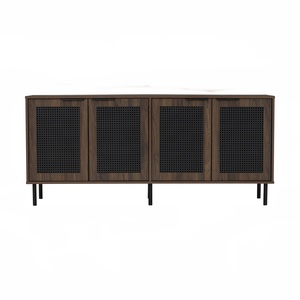 Modern Minimalist Walnut <b>Kitchen</b> <b>Sideboard</b> Buffet Cabinet with Black Metal Legs with Rattan Decorated Doors <b>for</b> Dining Storage - Product Image 2
