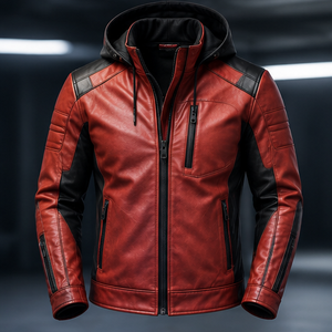 Men's Red PU Leather Breathable Quick Dry Hooded <b>Slim</b> <b>Fit</b> Windproof Zipper Closure Winter Streetwear Style Moto <b>Jacket</b> - Product Image 4