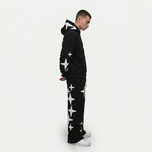 Survêtement noir premium à capuche, coupe ample, couleur unie, en coton, pour l'automne, avec poches latérales et logo sur la manche droite - Product Image 5