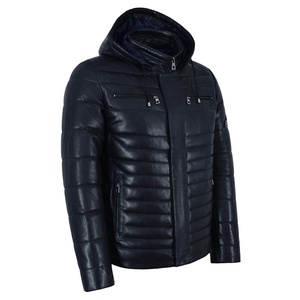 Veste en cuir bleu pour homme, nouveau style de veste en cuir oversize avec veste en cuir à capuche amovible - Product Image 2