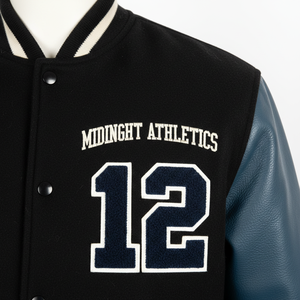 Chaqueta Varsity Midnight Athletics para Hombre, Negra y Azul, con Mangas de Cuero PU, Letra 12 A Owais Bordada, Estilo Preppy, Otoño - Product Image 3