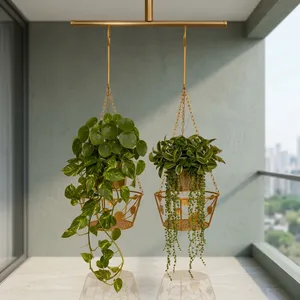 Panier suspendu en métal doré avec motif de feuilles décoratives et suspension à chaîne, porte-pot de fleurs rond en fil métallique pour l'intérieur - Product Image 5