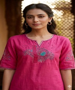 Ensemble Kurta et pantalon en coton slub moderne brodé pour femme, tenue de soirée, style Inde Pakistan AARVI- 85441 - Product Image 2