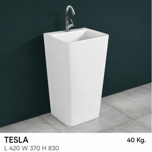 Lavabo de Baño Rectangular de una Pieza con Pedestal, Cromado, Certificado por NSF, de Tesla, con Soporte para Grifo de un Solo Orificio, Diseño Minimalista, Acabado Brillante - Product Image 2