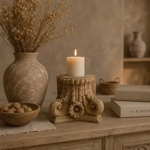 Vintage Reclaimed Wood Pillar Base Candle Holder Stand Floral Hand Carved <b>Rustic</b> Decor for Garden <b>Console</b> <b>Table</b> Living Room - Product Image 6
