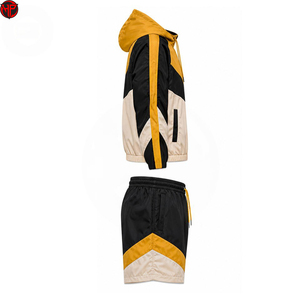 Conjunto Deportivo de Dos Piezas para Hombre con Capucha y Bloques de Color, Cierre de Cremallera, Traje Atlético Deportivo, Conjunto de Pantalones Cortos Cortavientos para Verano y Actividades al Aire Libre - Product Image 2