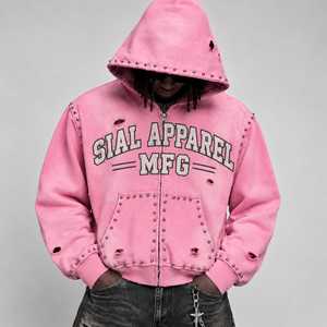 Sweat-shirt à capuche rose zippé Sial Apparel Mfg pour homme, style streetwear oversize, en molleton, avec clous et déchirures, 100 % coton, imperméable - Product Image 5