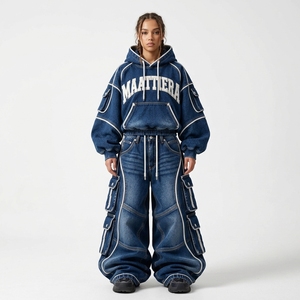 <b>Womens</b> <b>Dark</b> <b>Blue</b> Washed Denim Hoodie And Baggy Cargo <b>Jeans</b> Set White Contrast Piping Oversized Streetwear Custom OEM Wholesale - Product Image 1
