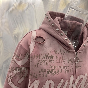 Snowgrace <b>Pink</b> Hooded Zip-Up Sweatshirt <b>Glitter</b> Print Rhinestone Cuffs Unisex Streetwear Regular Fit Winter Wear - Product Image 5