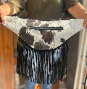 New Stylish <b>Hand</b> Stitched Cowhide Fur Leather Hip <b>Bags</b> Hip Pockets Belts Waist Pocket Belts Fringes Cow Hair <b>Black</b> Fringe Belts - Product Image 6