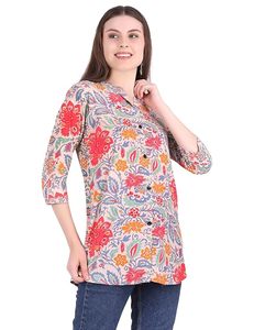 SAZU Stylish Floral Print Women’s <b>Kurti</b> with Vibrant Multicolor Design Comfortable Cotton Fabric Button Front Mandarin Collar - Product Image 6