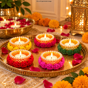 Decorative Tealight Holder with Pearl Border and Flower Design Pack of 6 Mixed <b>Colours</b> for Diwali Home Decor - Product Image 5