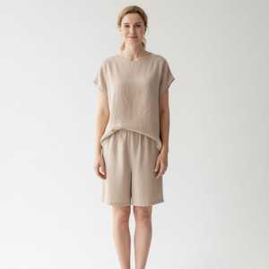 Women's <b>Linen</b> Pajama Set Short Sleeve <b>Top</b> & Shorts Two Piece Loungewear Breathable Summer Casual Homewear - Product Image 5