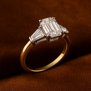 Bague de fiançailles à trois pierres en diamant de laboratoire taille émeraude avec diamants latéraux baguette effilés, certifiée IGI, en or massif 14 carats - Product Image 4