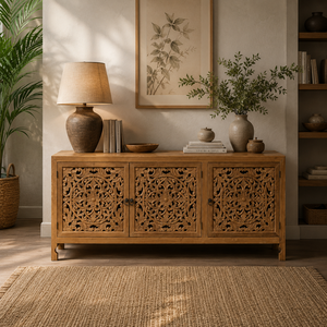 Handcrafted Solid Wood Carved <b>Sideboard</b> Cabinet with 3 Ornate Floral Doors, <b>Rustic</b> Boho Indian Style Buffet Storage Furniture - Product Image 5