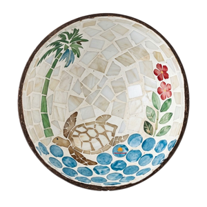 Bol en nacre artisanal, mosaïque tortue de mer et palmier, pour décoration de table tropicale. - Product Image 1