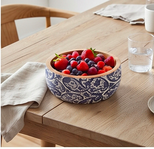 Bol de service en bois fait main, motif bleu paisley, bol à salade vintage, parfait pour la maison et les repas. - Product Image 5