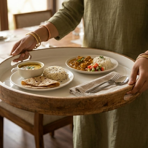 Luxury Mango Wood Enamel Serving Tray | <b>Round</b> Decorative Wooden Serving Platter with Handles for <b>Dining</b> <b>Table</b> Home Restaurant - Product Image 2