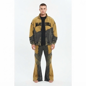 Ensemble survêtement homme gris moutarde avec veste zippée color block et pantalon large – Tenue décontractée et tendance personnalisable pour le streetwear - Product Image 1