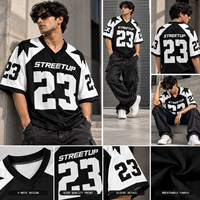 Maillot de football américain noir et blanc unisexe, grande taille, en maille, avec numéro et motif étoile, coupe oversize, streetwear, col en V, respirant