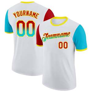Maillot de volley-ball personnalisé blanc bleu rouge jaune sublimé avec nom d'équipe 00 unisexe à manches courtes col rond respirant en polyester - Product Image 1