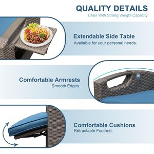 "<b>Hand</b>-Woven Wicker Patio & Indoor-Outdoor Recliner <b>Chair</b> with Flip Table & 6.8'' Cushions Navy Blue Adjustable Angle" - Product Image 3