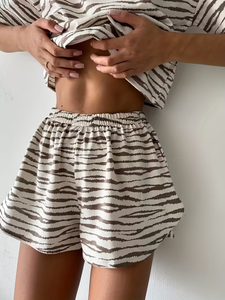 Women Striped Summer Casual Daily Wear 2 Piece Pajama Set Short Sleeve Crew Neck Tee Side Split Shorts for Wear - Product Image 3