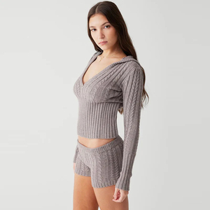 Customized Women's Casual Slim Fit Long Sleeve V Neck Hooded <b>Sweater</b> Mohair Knitted Sweatshirt Front Logo 2 Piece <b>Set</b> Shorts - Product Image 1