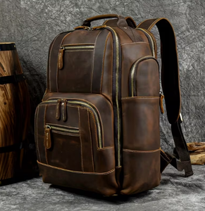 Brown Genuine <b>Leather</b> Backpack Men Casual Daily Use Adjustable Strap Zipper Closure Large Capacity 30-40L Interior Compartment - Product Image 4