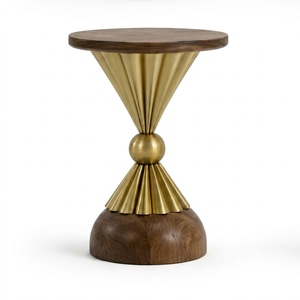 Ribbed Triangular Design Metal Base <b>Round</b> TOP Walnut Finish Mango Wood <b>Side</b> <b>Table</b> For Home living Furniture - Product Image 1