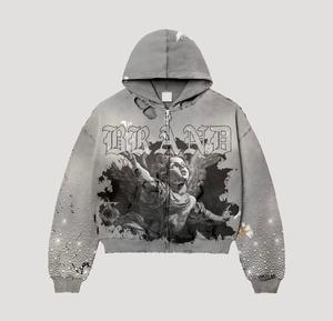 Sudadera con capucha con cremallera OEM con gráfico de ángel, de peso pesado, con lavado ácido, estilo vintage, con pedrería, para streetwear, al por mayor - Product Image 2