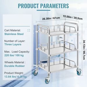 Carrello da Laboratorio a 3 Ripiani in Acciaio Inox con Ruote Girevoli, Carrello Multiuso per Cliniche Dentali e Laboratori - Product Image 4
