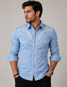 Chemise Western Brodé Homme Blanc Noir à Motifs Floraux avec Passepoil, Coupe Slim, Manches Longues, Boutons Pression Nacrés, en Polyester, Idéale pour l'Été - Product Image 1