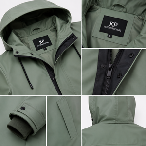 <b>Men's</b> Hooded PU <b>Raincoat</b> Long Casual Waterproof Jacket With Button Closure Solid Green Color Wholesale And Customizable - Product Image 3