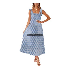 Vestido playero estampado de diseño moderno, elegante y a la moda, sin mangas, con tirantes finos, de algodón, para mujeres y niñas. - Product Image 6