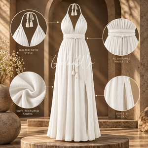 <b>White</b> Halter <b>Maxi</b> <b>Dress</b> Deep V Neck Adjustable Waist Tie Flowy Side Slit Elegant <b>Summer</b> Beach Wedding Evening Party Formal Gown - Product Image 5