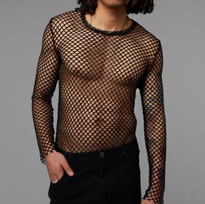 Plain <b>Blue</b> Color Drop Shoulder Outerwear <b>Men</b> Clothing Loose Distress Transparent Mesh Sheer Fishnet T Shirts Breathable - Product Image 4