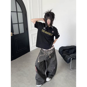 Jean en denim écologique respirant taille haute coupe droite Cyber Grunge Y2K pour femme, délavé, coupe oversize, jambe large, style streetwear 100% - Product Image 2