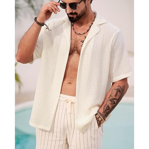 เสื้อชายหาดฤดูร้อนสำหรับผู้ชาย เสื้อเชิ้ตคิวบาแบบลำลองมีกระดุมและดีไซน์โปร่ง สำหรับวันหยุดและการสวมใส่ในชีวิตประจำวัน - Product Image 4