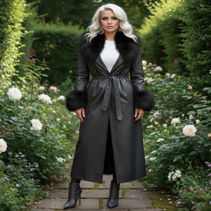 Manteau long en cuir de poisson avec ceinture et fourrure de renard, doublure en soie, sur mesure, vente en gros, pour femme - Product Image 5