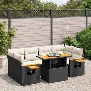 Ensemble de canapé de jardin en rotin noir 7 pièces avec accoudoirs réglables, mobilier d'extérieur au design contemporain, accents en bois de teck - Product Image 3
