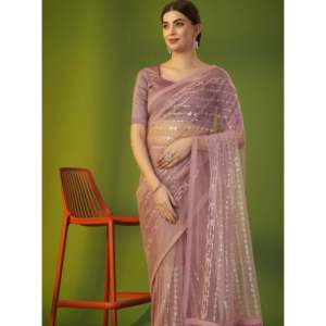 Sari Rosa de Chifón con Bordado de Hilos Múltiples y Lentejuelas, 100% Poliéster, para Bodas, de RV Creation - Product Image 2