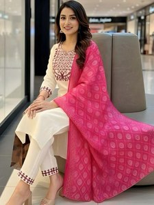 ชุดคุर्ติทรงตรงคอโอ ดีไซน์สวยงาม พร้อมกางเกงและผ้าคลุมไหล่ สำหรับงานเลี้ยงอาหารค่ำ/ชุดทำงาน เหมาะสำหรับผู้หญิง - Product Image 2