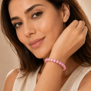 Wholesale Trendy Fashion Pink Zinc Beaded Metal Ball <b>Stretch</b> <b>Bracelet</b> with Gold Tone Spacers for Women Party Occasion - Product Image 5